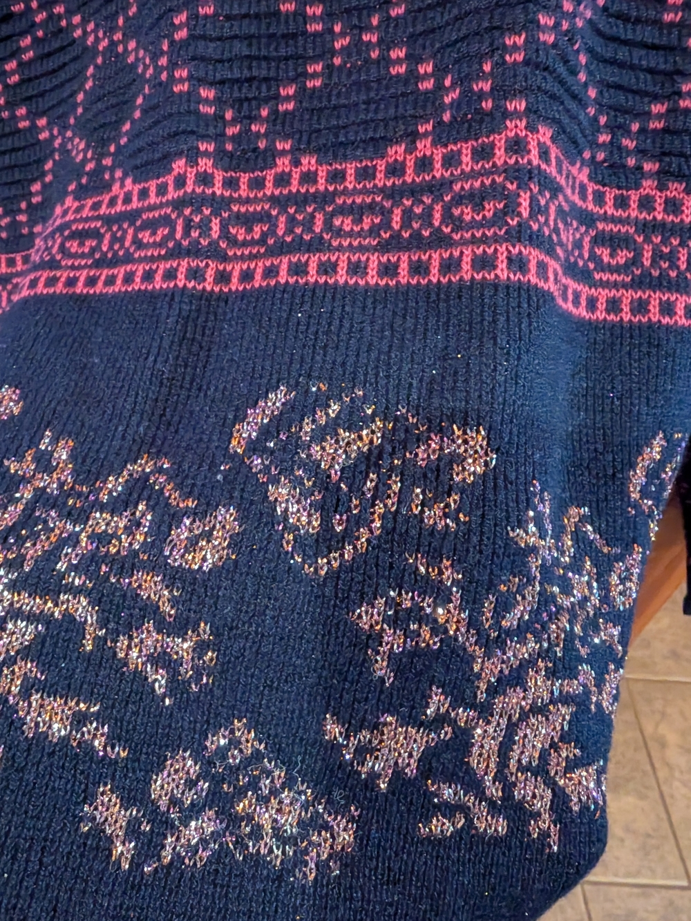 Women's Navy and Pink Patterned Pullover Sweater - Picture 3 of 3